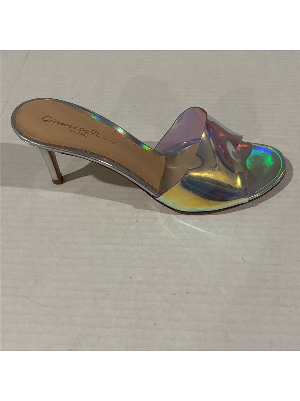 Gianvito Rossi Elle 105 Silver Iridescent and Foil Leather Plexi Mules-36 Euro - Picture 2 of 8